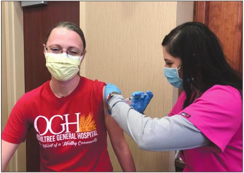 COVID-19 VACCINES MAKE IT TO COUNTY Ochiltree County Hospital District received the first doses of the Moderna COVID-19 vaccine last week and were able to administer 120 vaccine doses to hospital employees, Perryton EMS, and residents and employees at The Seasons. Dr. Jennifer McGaughy was one of the first county doctors to get the vaccine, with Judy Valenzuela, LVN and employee health nurse for the hospital, administering the injection.