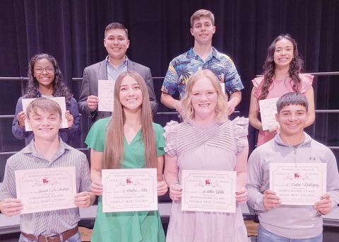 BEST CITIZENS AT PHS— At the annual Perryton High School awards ceremony the end of May, students in each class were honored as the Best Citizens. Pictured are, from left, front row, freshmen Samuel De Santiago and Mallee Vela, and sophomores Adlee Felix and Caden Rodriguez; and back row, juniors Tiana Hill and Carlos Hernandez, and seniors Tad Pshigoda and Sofia Flores.