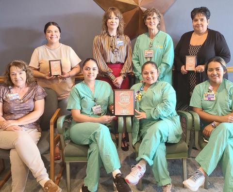 PARADE WINNERS RECOGNIZED— The winners of the Wheatheart of the Nation Celebration parade in August were honored by the Wheatheart of the Nation Celebration Committee earlier this month. Among the winners recognized were, from left, front row, Jerra Lowrey, Idalia Gonzalez, Reyna Mendoza, and Ana Becerril, all from Ochiltree General Hospital; and back row, Bianca Peregrino from North Plains Electric Cooperative, Shannon Jines and Barbara Ledbetter from OGH, and Michelle Cabrera from Interstate Bank.