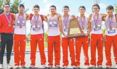 TAKE THIRD AT STATE The Ranger cross country team earned a third place finish at the state meet last week in Round Rock. Pictured, from left, are Coach Ulises Lopez and team members, Eduardo Castillo, Alejandro Uribe, Jorge Palma, Julian Rivero, Adrian Ceniceros, Jonathan Alaniz and Javier Ledezma.