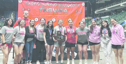 RETTES TAKE SECOND AT STATE The Rangerette powerlifting team captured second place in the state meet last week. In addition, Vanessa Chavira repeated for the second time with an individual state championship. Pictured, from left, are team members who attended the state meet, Alayna Lugo, Nevaeh Martinez, Natalie Mandujano, Yuliza Marquez, Natalie Estrada, Yeiri Rodriguez, Vanessa Chavira, Jackie Ramirez, Ivay Hernandez, Ruby Ramirez and Jimena Mandujano. In back is Coach Casey Arruda.