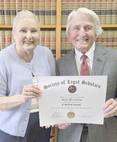 GOOD NAMED FELLOW AT TEXAS BAR— Perryton attorney F. Keith Good was recently named a 20-year fellow of the Texas Bar College, an honorary society of lawyers and paralegals who are leaders in the Texas legal community and champions of legal education. He credited the assistance of his longtime paralegal, Ellen Orr, after the honor was announced. Pictured are, from left, Orr and Good.