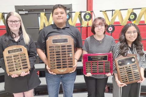 Perryton High School students were honored and recognized for their academic achievements during the year at the Academic Awards Banquet held in Rangerette Gym. Speech and drama students receiving awards included, from left: Rhia Hargues (Outstanding Drama Student), Elpidio Elias Becerril (Outstanding Speech Student), Milagros Espino (Outstanding Technician), and Grace Revilla (Most Promising Newcomer). Not pictured is Carlos Hernandez, winner of the Jack R. Allen Speech Award.