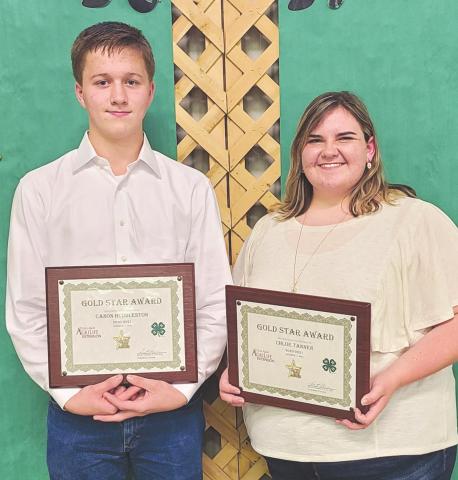 GOLD STAR AWARD WINNERS Ochiltree County 4-H held its annual awards ceremony Monday night at the Expo Center. Winners of the Gold Star Awards, the highest county awards that can be given to a 4-H member, were, from left, Conor Huddleston and Chloe Tanner. Huddleston and Tanner received a plaque from the county, a pin, and a certificate from the state.