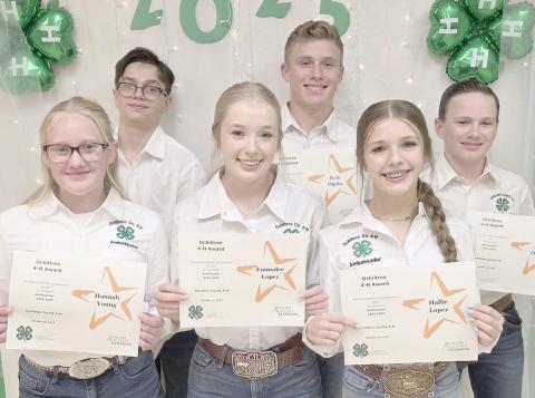 4-H AMBASSADORS— Ochiltree County 4-H recently elected their new Ambassadors for 2025-2026. 4-H Ambassadors help promote Ochiltree 4-H in the community, through a number of events and projects, including the Wheatheart Celebration parade, Family Fun Nights, 4-H recruitment nights, the County Livestock Show and Sale, and more. Pictured are, from left, front row: Hannah Young, Emmalee Lopez, and Hallie Lopez; back row: Lou Tarango, Kyle Oquin, and Clay Oquin.