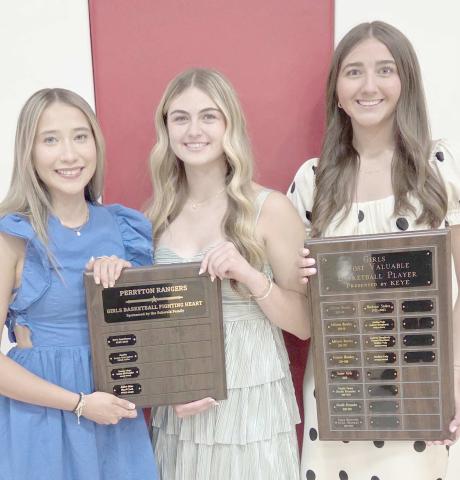 Perryton High School’s girls basketball team was recognized at the annual All Sports Awards Banquet on May 4 at PHS. Pictured are, from left, Juliet Mier and Maci Cook, who shared the Fighting Heart award, and Mallee Vela, who was named the team’s Most Valuable Player.