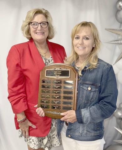 This year’s Excellence in Education Award, presented during the annual awards ceremony at Perryton High School on Tuesday, May 13, was presented to two teachers from the high school. They are, from left, PHS art teacher Shawn Tevis and school librarian Cynthia Boxwell.