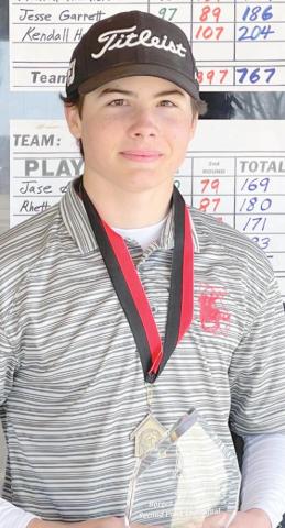 TOP MEDALIST—Ranger Hunter Milsap displays his first place medalist award he earned at the Borger Invitational.