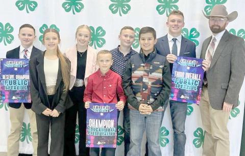 4-H STUDENTS COMPETEAT ROUNDUP— Students in Ochiltree County 4-H competed at the Panhandle District 4-H Roundup recently in Amarillo, with Kyle Oquin advancing to state competition in Public Speaking. Pictured are, from left, Clay Oquin, Hallie Lopez, Emmalee Lopez, Matthew Oquin, Brady Oquin, Abram Lopez, Kyle Oquin, and county agent Marcus Preuninger.