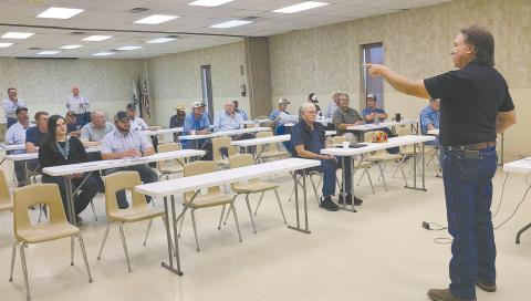 WHEAT CONFERENCE MARKS 25TH YEAR— The 2023 Wheatheart Wheat Conference was held last Thursday morning at the Ochiltree County Expo Center. The conference, now in its 25th year, brought out a host of Extension experts for programs focusing on this year’s market outlook, insect management, weed management, and more. Ochiltree County Extension Agent Scott Strawn, pictured above, provided an introduction to this year’s conference.