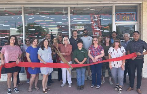 RIBBON-CUTTING AT PERRYTON OFFICE SUPPLY – Members of the Perryton-Ochiltree Chamber of Commerce, along with friends, family, staff, and well-wishers were on hand recently for a ribbon-cutting ceremony for Perryton Office Supply at 417 S. Main in Perryton. The office supply and equimpent store is owned by Kelly King.