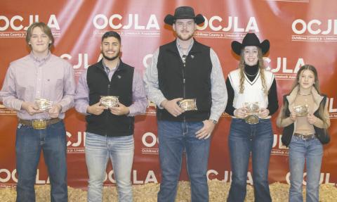 2024 GRAND CHAMPION WINNERS AT LIVESTOCK SHOW At the Ochiltree County Junior Livestock Show and Sale on Jan. 19-20, buckle awards were presented to the exhibitors showing the animals that won Grand Champion for their breed. Pictured are, from left, front row: Cash Wheeler (Grand Champion Goat), Dalton L’Esperance (Grand Champion Sheep), Evan Born (Grand Champion Heifer), Maddie Schickedanz (Grand Champion Steer), and Hallie Lopez (Grand Champion Swine). (Photo credit: Tessa Powell)