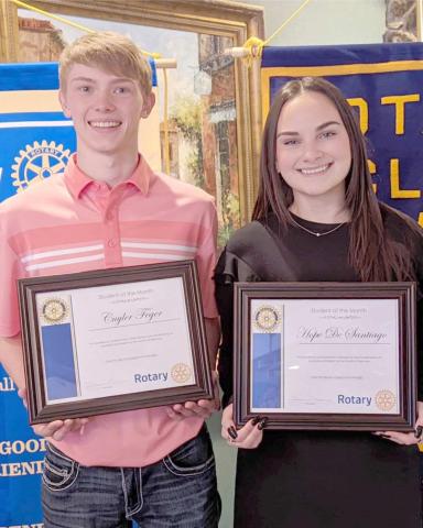MARCH STUDENTS OF THE MONTH—PHS seniors Cuyler Feger, left, and Hope De Santiago were named the Perryton Rotary Club’s Students of the Month for March. They and they were guests of the club March 10.