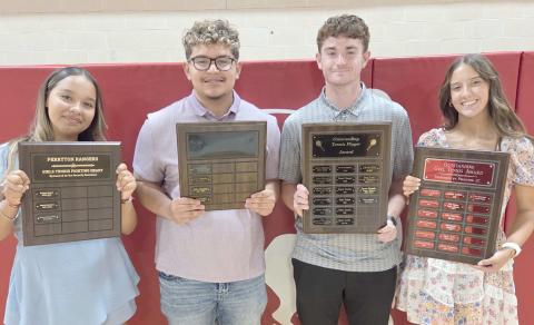 TENNIS HONOREES AT SPORTS AWARDS BANQUET— Perryton High School’s tennis teams were honored at the Perryton High School All Sports Awards Banquet. Pictured are, from left: Mairyn Flores Sosa, the recipient of the girls’ Fighting Heart Award; Daniel Tarango, who took home the boys’ Fighting Heart Award; Conner Kitchens, winner of the Outstanding Boys Tennis Player award; and Liv Eisenman, recipient of the Outstanding Girls Tennis Player award.