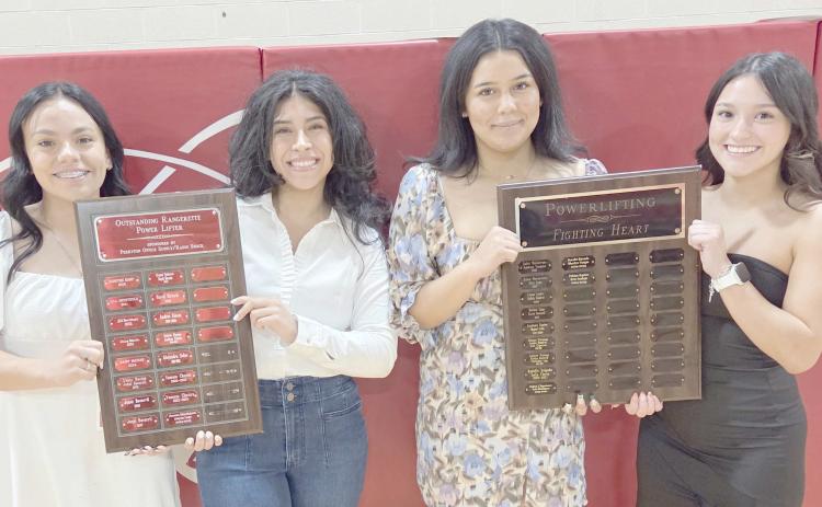 Perryton High School’s girls powerlifting team was recognized at the All Sports Awards Banquet on May 5 at the high school. Pictured are, from left, Jimena Mandujano and Alayna Lugo, who were named the team’s Outstanding Powerlifters, and Sherlyn Vargas and Natalie Estrada, who received the Fighting Heart award.