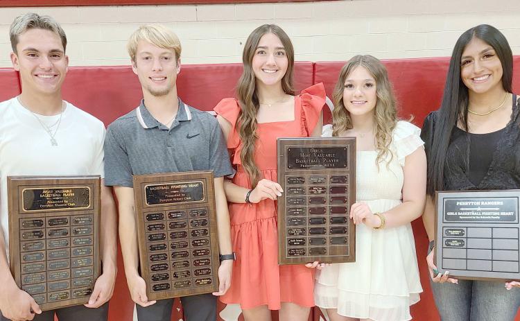 Perryton High School’s basketball teams were honored on May 6 at the Perryton High School All Sports Awards Banquet. Pictured are, from left, Julian Cervantes, who brought home the boys MVP award; Britt Blackshear, winner of the boys Fighting Heart award; Mallee Vela and Aubrey Daugherty, winners of the girls MVP award; and Analia Loera Cervantes, who won the girls Fighting Heart award.