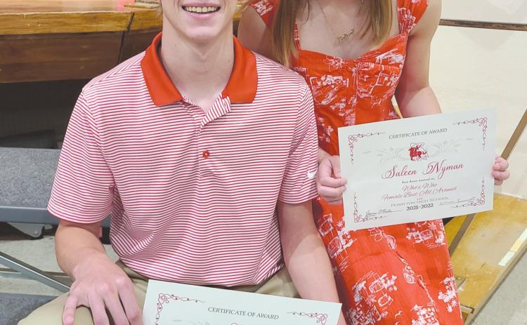 BEST ALL AROUND SENIORS In addition to the announcements of multiple local scholarships, the annual awards ceremony Wednesday morning included the announcement of this year’s Best All Around in the Class of 2022. They are, from left, Cuyler Feger and Saleen Nyman.