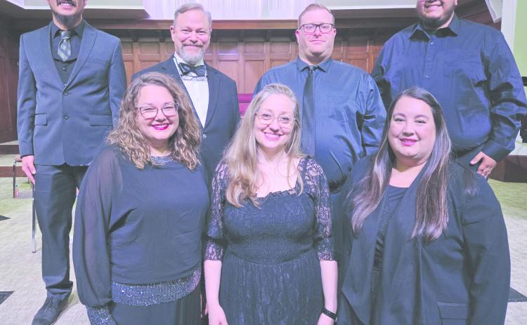 The 70th performance of George Frideric Handel’s “The Messiah” was held on Sunday, Nov. 30, at First Methodist Church in Perryton. The soloists for the performance were, from left, front row, Rachel Batenhorst, soprano, from Canyon, Larissa Cunningham, mezzo-soprano, from Borger, and Andrea Cruz, alto, from Amarillo; back row: Miguel Escobar, bass, from Perryton, Nathan Ellzey, bass, from Perryton, Brian warren, tenor, from Amarillo, and Caleb Aguirre, tenor, from Amarillo.