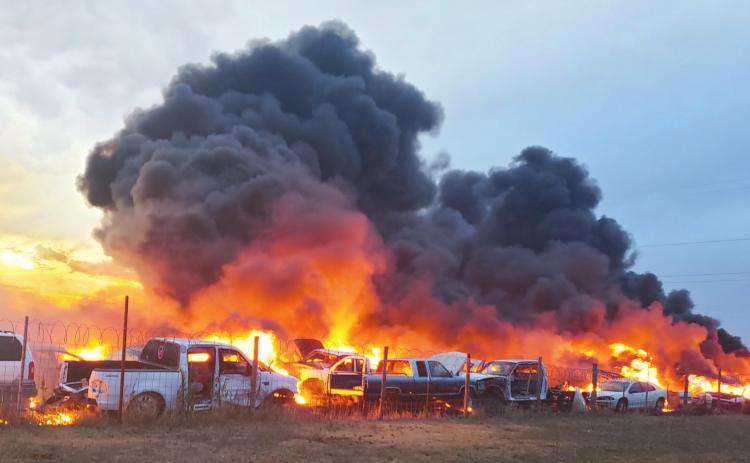 BLAZE BURNS THROUGH SALVAGE LOT A fire destroyed 175 salvage cars in a fire northwest of Perryton on Monday evening. Four trucks from the Perryton Fire Department carrying 14 fire personnel battled the blaze. There were no injuries or deaths from the fire.