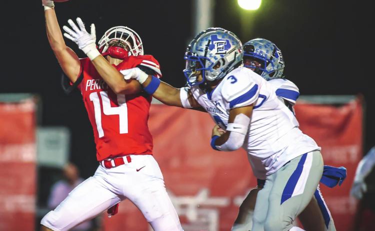 RANGERS FALL TO MATADORS Ranger sophomore Julian Cervantes #14 reaches for a pass but is unable to haul it in during the second half against the Matadors. The Rangers fell to Estacado, 31-10. See story for more information. (Photo courtesy of David Erickson)
