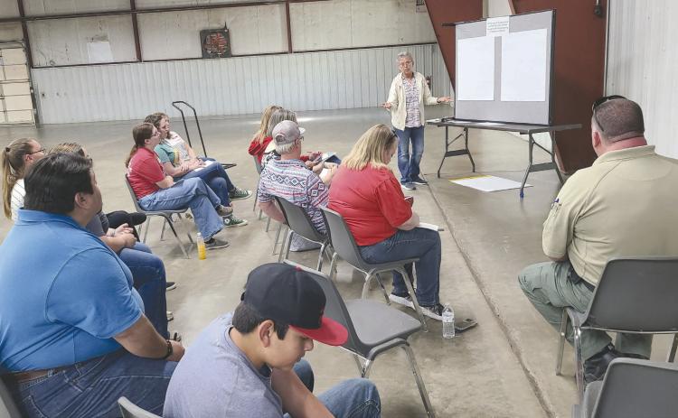 Ochiltree County residents gathered recently at the Expo Center to hold a Texas Community Futures Forum, sponsored by Texas AgriLife Extension Service. The purpose of the Futures Forum is to compile lists of what local residents believe are the most important issues facing their communities. Pictured is the group considering issues in Youth Development, moderated by Ruth Ann Splan.