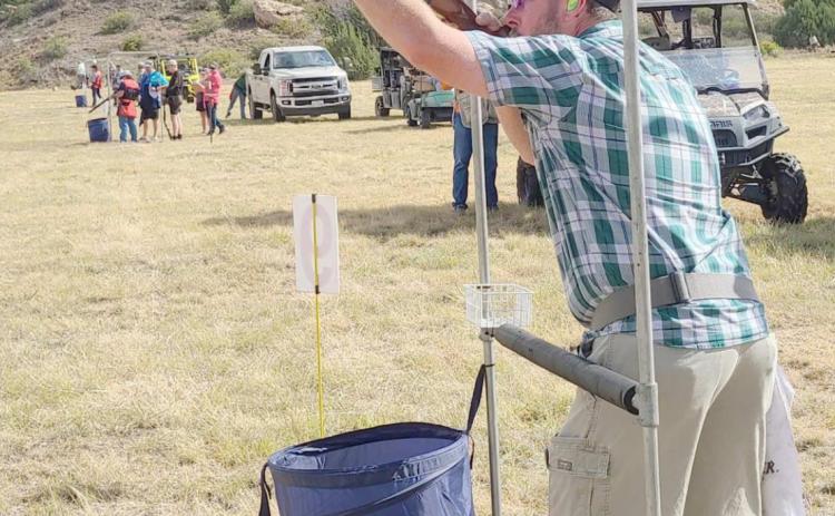 AIMING FOR VICTORY—The Perryton Ochiltree Chamber of Commerce’s annual Loaded Chamber sporting clays event brought in 68 shooting competitors from all over the area. Among the shooters was Steve Roberson of Pampa, taking aim at targets during the early phases of the competition.