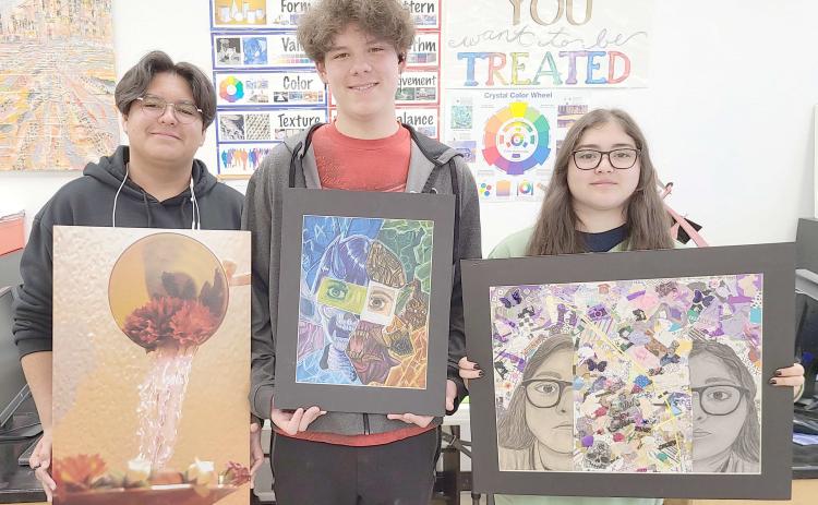 PHS ART STUDENTS SHINE AT OPSU— Art students at Perryton High School participated in the 25th annual Panhandle Area Art Jubilee at Oklahoma Panhandle State University in Goodwell, OK, on April 11-- 13. Students who brought home Merit Awards in the competition included, from left, David Murillo (Photo “Unrealistic Expectation”), Coda Dettmann (Mixed Media - “Fractured”), and Mayreli Navarrete (Mixed Media - “What Is Inside”).