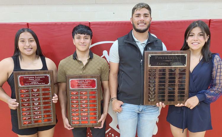 PHS POWERLIFTERS WIN HONORS— Perryton High School’s powerlifting teams were honored at the All Sports Awards Banquet. Pictured are, from left: Vanessa Chavira, girls Outstanding Powerlifter; Jonathan Becerril, boys Outstanding Powerlifter; Dalton L’Esperance, boys Fighting Heart award; and Yeiri Rodriguez, girls Fighting Heart award.