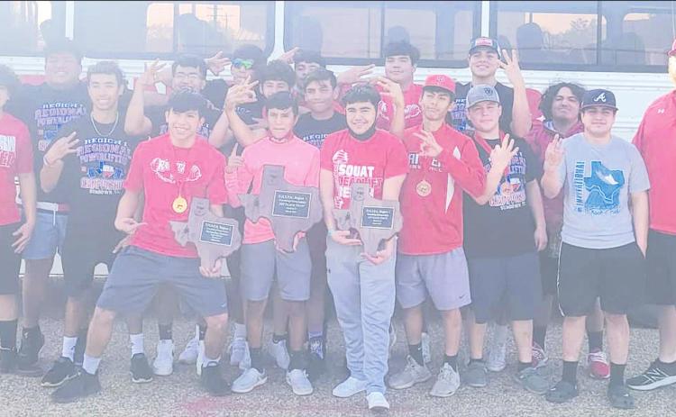 THREE-PEAT CHAMPIONS The Ranger powerlifting team took the regional championship for the third year in a row, and is sending two lifters, junior Christian Laja and sophomore Daniel Alvidrez, and two alternates, to the statepowerlifting meet, set for March 27 in Abilene.The team also had several regional medalists in the regional competition In addition, Coach Casey Arruda was tapped as the Regional Coach of the Year for the third year in a row as well.