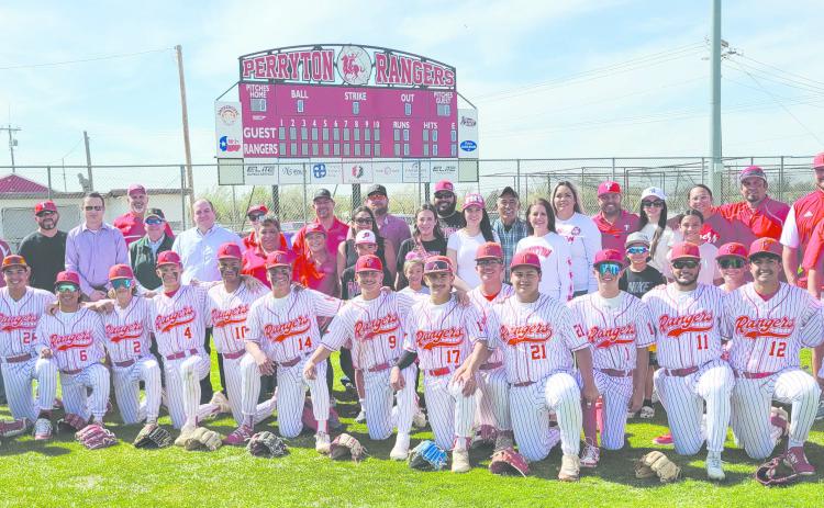 A new scoreboard for the Perryton High School Rangers baseball team was dedicated on Friday, April 5. The cost of the new scoreboard was $25,000, with sponsors including Elite Oilfield Services, Perryton National Bank, Plains Land Bank, KXDJ 98.3, Keith Potts, Elite Fishing and Rental, Farmers Insurance, N5 Wireline, the Smokehouse, Schilling Electric, and El Patron 99.5. Elite Oilfield Services also installed the scoreboard. Pictured are members of the Ranger baseball team, sponsors, and well-wishers.