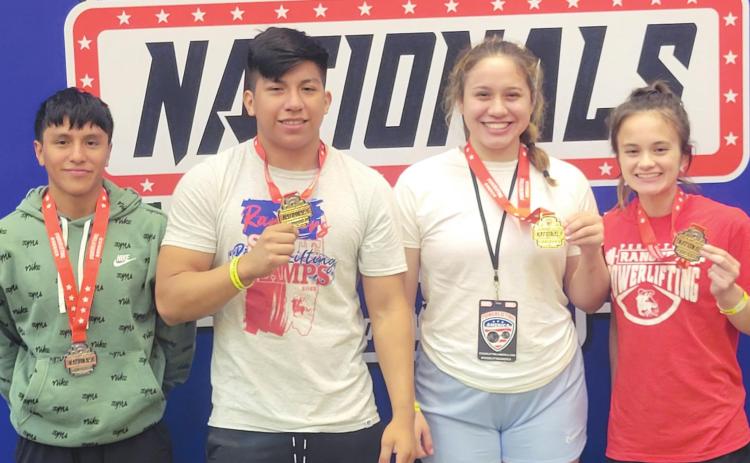 NATIONAL CHAMPIONS Four Perryton High School powerlifters competed in the National Meet in Orlando, FL, earning three national championships and one runner-up. Pictured, from left, are runner-up Jonathan Becerril, and national champions Christian Laja, Alejandra Salas and Saleen Nyman. All four were invited to join Team USA for the world championships in Istanbul, Turkey.