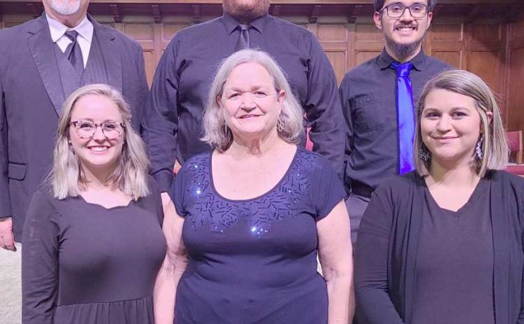 MESSIAH SOLOISTS—The 67th performance of George Frideric Handel’s “The Messiah” was held on Sunday, Nov. 27, at First United Methodist Church in Perryton. The soloists for the performance were, from left, front row, Morgan Farren (soprano), Jill Ellzey (alto), and TKaye Arruda (soprano); and back row, director Keith Harris, Brian Warren (tenor), and Miguel Escobar (bass). Not pictured is bass soloist Jim Baker. Farren and Warren were visiting soloists from Amarillo.