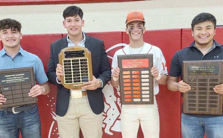 FOOTBALL HEROES—Perryton High School’s football team was recognized on Monday evening at the Perryton High School All Sports Awards Banquet. Pictured are, from left: Alejandro Uribe, Best Defensive Player; Bryan Chacon, Best Football Lineman; Julian Cervantes, Pete Peterson Award; and Isaias Dominguez, Best Offensive Player.
