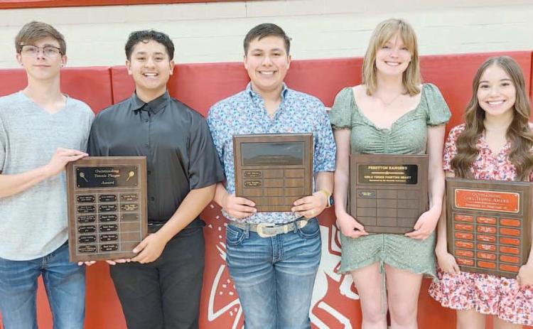 TENNIS HONOREES—Perryton High School’s tennis teams were honored on Monday evening at the Perryton High School All Sports Awards Banquet. Pictured are, from left: Seth Billenwillms and Josue Avalos, who shared the Outstanding Boys Tennis Player award; Carlos Hernandez, who took home the boys’ Fighting Heart award; Braylee Brown, the recipient of the girls’ Fighting Heart award; and Emily Ortiz, winner of the girls’ Outstanding Tennis Player award