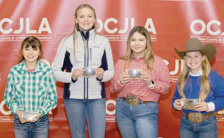 JUNIOR RESERVE CHAMPION SHOWMANSHIP—The Junior Reserve Champion Showmanship Awards were presented to students at the Ochiltree County Junior Livestock Show and Sale. Pictured are, from left: Chloe Richardson, Payton Schilling, Avery Swenhaugen, and Lakyn Boxwell. (Photo credit: Tessa Powell)