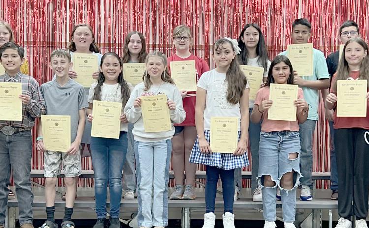 FIFTH GRADE CITIZENSHIP AWARDS—Williams Intermediate School held their end-of-year awards ceremony. Two students from each homeroom were presented with the American Legion Outstanding Citizenship Award. Fifth graders who received the award included, from left, front row: Jazlyn Ontiveros, Oseas Zavala, Madden Scarnati, Joyci Rosales, Rylee Merkel, Esmeralda Ochoa, Marilyn Ramirez, Viviana Chavira, and J.W. Hardy from the American Legion; back row: Chantel Rodriguez, Kaylynn Roberson, Paisley Kerl, Conli Mog