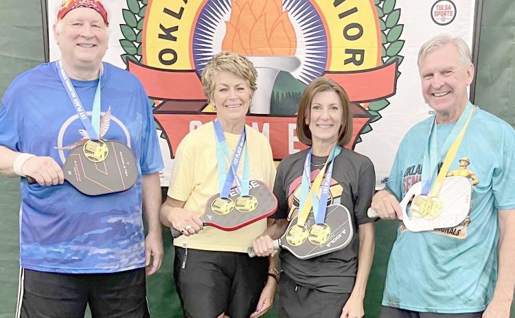 PICKLEBALL TOURNEY WINNERS—Four pickleball players from the Perryton and Booker area competed in the Oklahoma Senior Games Aug. 79 in Oklahoma City. All four qualified to attend the 2027 National Senior Games in Tulsa, OK June 30-July 11, 2027. Winning gold medals were Gary Rinker and Shirley Howard, 60-64 age division; Rinker and Rick LaFollette, 55-64 age division; Howard and Dunlavy, 65-69 age division; and LaFollette in the 75-79 age division. LaFollette and Dunlavy also won bronze in the 60- 64 age div