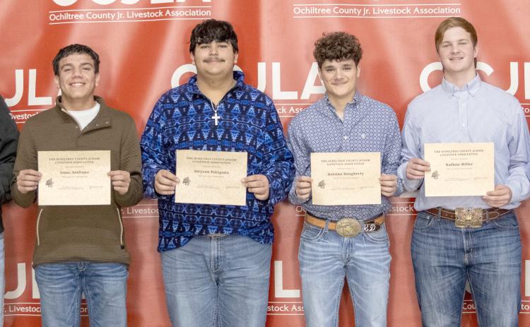 OCJLA SCHOLARSHIP RECIPIENTS— Six students were awarded scholarships during the Ochiltree County Junior Livestock Show and Sale on Jan. 16-17. Pictured are, from left, Landry Anderson, Isaac Arellano, Stryven Pshigoda, Keenan Daugherty, Nathan Miller, and Cash Wheeler. ( Photo credit: Hailey Clark of Hailey Renee Photography)