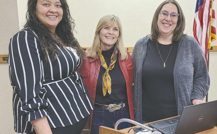 Shawn Johnson of Dallas was the latest speaker in the Leadership Perryton series. She spoke on “Strengthening Intergenerational Connections Across the Community” at Frank Phillips College, Allen Campus last Thursday evening. The seminar was sponsored by Harvey’s Electric and Interstate Bank. Pictured are, from left, Leadership Perryton planning committee member Nicole Tobar, Johnson, and committee member Crystal Richardson.