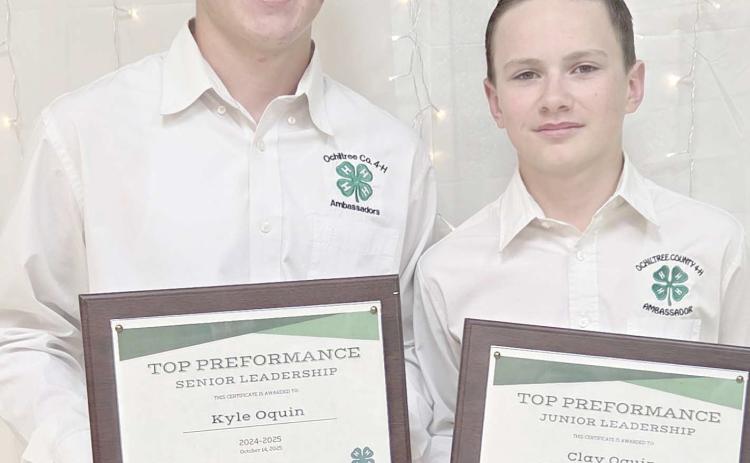 OUTSTANDING LEADERSHIP AND RECORD BOOK AWARD— Ochiltree County 4-H held their annual awards ceremony at the Ochiltree County Expo Center on Oct. 9. The awards for Outstanding Senior and Junior Leadership, along with the Record Book awards, went to, from left, Kyle Oquin and Clay Oquin.
