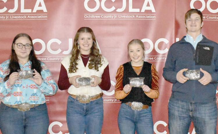 At this year’s Ochiltree County Junior Livestock Show and Sale on Jan. 17-18, the Senior Reserve Showmanship Awards were presented. Pictured are, from left: Alexis Goldsberry, Tana Williams, Emmalee Lopez, and Nathan Miller. (Photo credit: Morgan Dudley)
