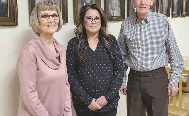 The Ochiltree County Commissioners’ Court held a brief meeting on Tuesday morning for the swearing-in ceremony for the county’s new Tax Assessor/Collector Angel Hernandez. She was appointed to the position after Linda Womble, the previous Tax Assessor/Collector, announced her retirement last month. Pictured are, from left, Womble, Hernandez, and County Judge Charles Kelly.