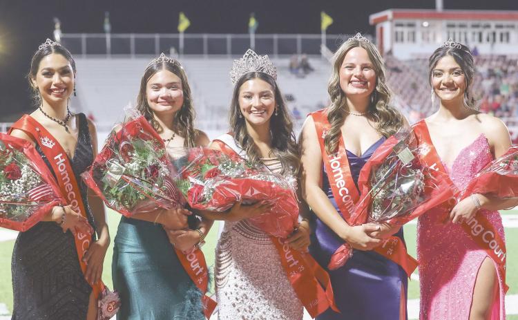HOMECOMING COURT—The 2024 Perryton High School homecoming queen was crowned during the Rangers’ homecoming game against Pampa. The queen and court included, from left, Samantha Sandoval, Sabrina Nyman, queen Natalie Estrada, Maisy McGaughy and Lindsey Valenzuela.
