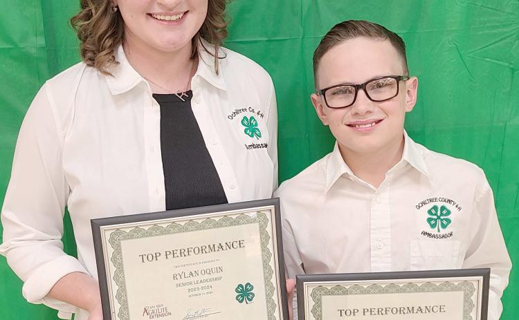 JUNIOR AND SENIOR LEADERS— Ochiltree County 4-H’s annual awards ceremony was held Oct. 14 at the Expo Center. Awards were presented for Junior and Senior Leadership Awards, which require a completed record book of their experiences in 4-H and are based on student leadership within the organization. Pictured are, from left, Senior Leadership winner Rylan Oquin and Junior Leadership winner Clay Oquin.