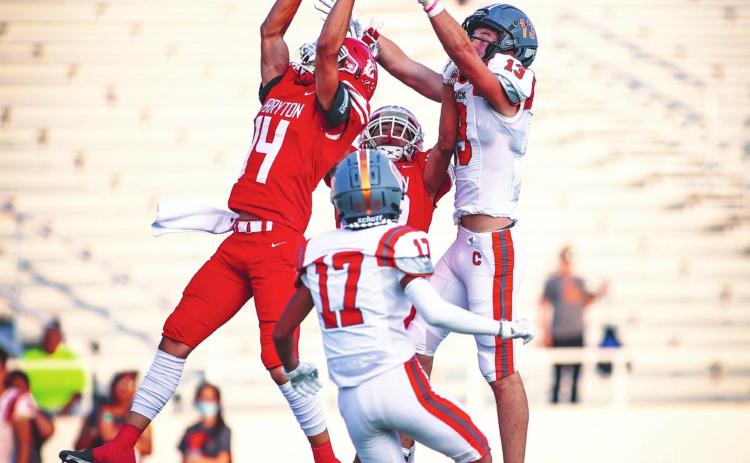 RANGERS FALL TO CAPROCK Sophomore Julian Cervantes #14 intercepts a throw on the first drive of the Caprock Longhorns during Friday’s homecoming festivities at Ranger Field. The Caprock Longhorns took home a win, 25-18. See story for more information. (Photo courtesy of David Erickson)