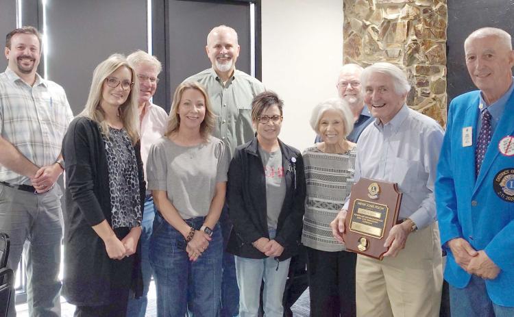 Local attorney Keith Good was named as the recipient of the Perryton Lions Club’s Melvin Jones Fellowship Award at a recent Lions Club meeting. The Melvin Jones Fellowship, established in 1973, is the highest form of recognition awarded by the Lions Clubs International Foundation. Pictured are, from left, Brandon Knapp, Afton Trejo, Greg Good, Sherry Good, Greg Brown, Gretchen Good, Toni Good, Frosty Hickerson, Keith Good, and Henry Wyckoff (past Lion District Governor).