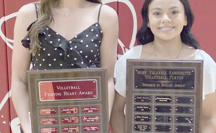 TOP HONORS FOR PHS VOLLEYBALL— Perryton High School’s volleyball team was honored at the Perryton High School All Sports Awards Banquet. Pictured are, from left: Mallee Vela, winner of the Fighting Heart award, and Jimena Mandujano, the team’s MVP.