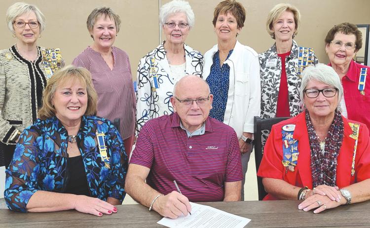 CONSTITUTION WEEK SET FOR SEPT. 17-23 Perryton Mayor Kerry Symons signed a proclamation last week recognizing the local Wolf Creek chapter of the Daughters of the American Revolution and Constitution Week, which runs from Sept. 17-23. Pictured from left, front row, are: Regent Sherrie Rima, Mayor Kerry Symons, and Debra Dye, chapter chair for Constitution Week; second row: Barbara Johnson, Cynthia Symons, Roberta Christian, Donna Mann, Ann Haley, and Anna Lee Barton.