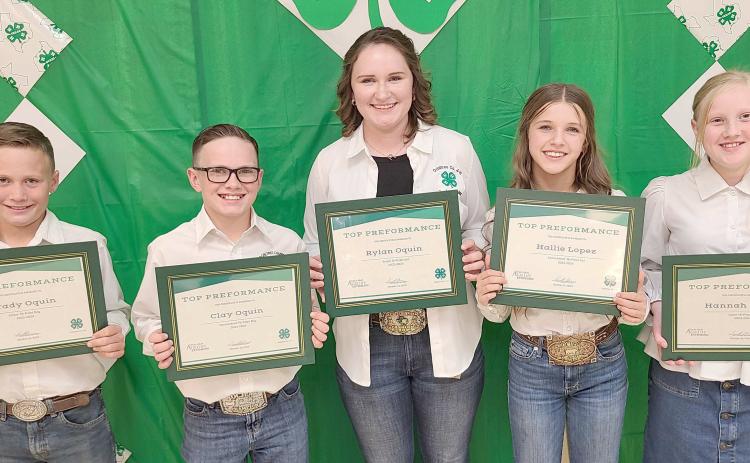 HIGH POINT WINNERS— Ochiltree County 4-H held their annual awards ceremony Monday night at the Ochiltree County Expo Center. The High Point Award winners were, from left, Brady Oquin, Clay Oquin, Rylan Oquin, Hallie Lopez, and Hannah Young. Not pictured is Nathan Knox.