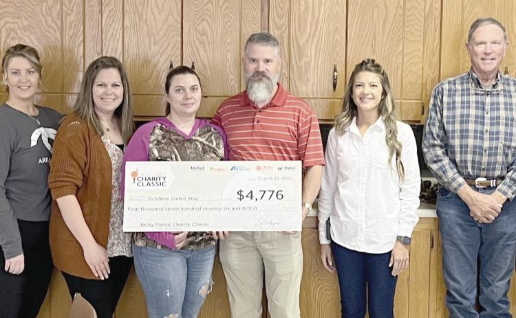 UNITED WAY DONATION— The Ochiltree United Way received $4,776, part of the proceeds from the 2022 Jacky Pierce Charity Class Golf Tournament, held in Lubbock. Sponsored by United Supermarkets, the proceeds provided $500,000 in funding for 27 nonprofit charities in Texas and New Mexico. The check was presented to the United Way board at its last meeting. Pictured, from left, are Marcia Hale, Stephanie Pulpan, Jennie Itara, Crystal Harper, Brent Harper, Amanda Cowan, Brady Yeary and Laycee Johnson.